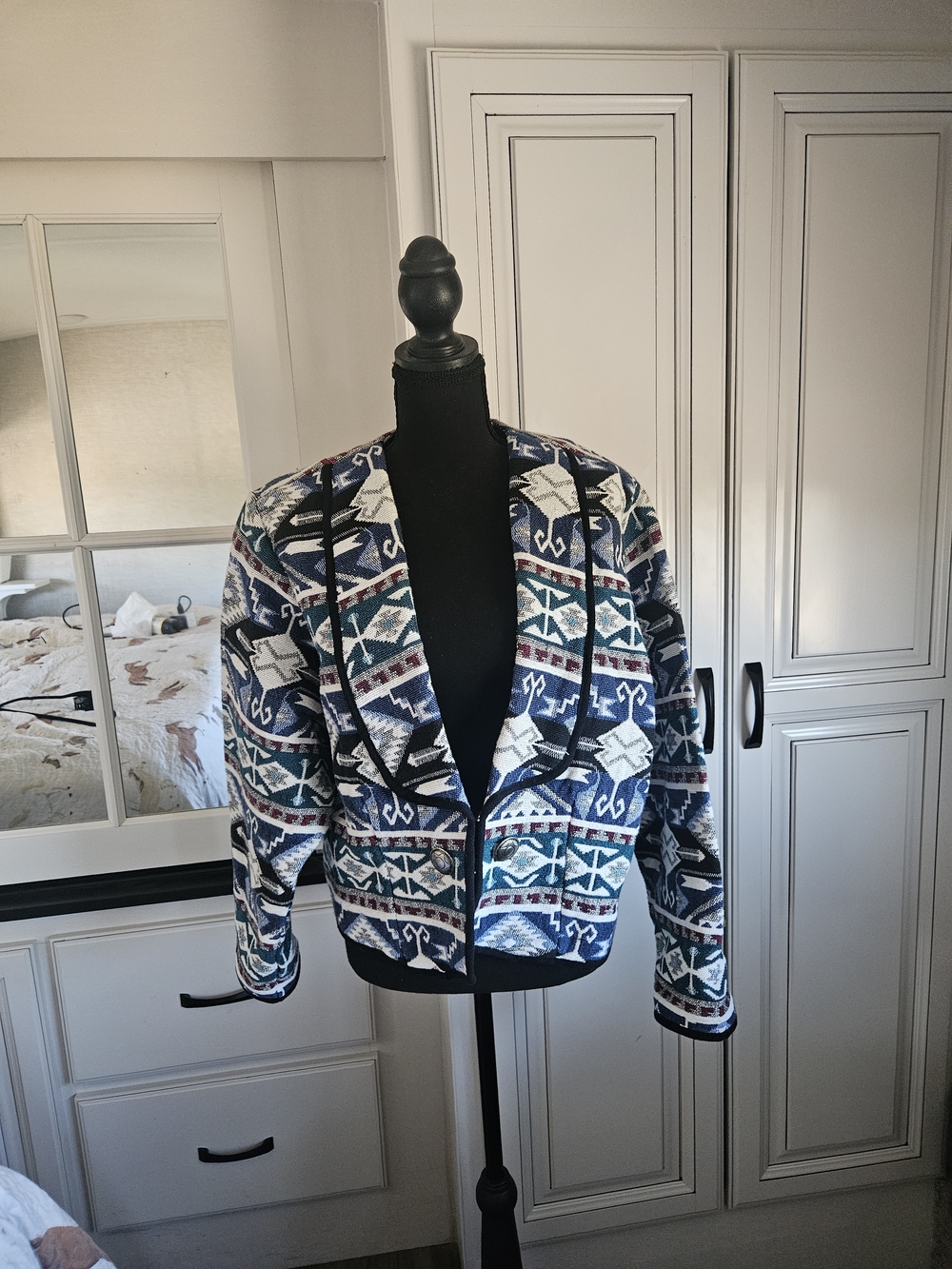 SIDE SADDLE Woven Southwestern Jacket - Navy, Teal & Cream - Size XL